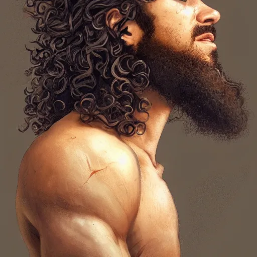 Prompt: beautiful, strong, mixed race, curly hair, beard, male, face, head shot, fantasy, highly detailed, digital painting, artstation, concept art, smooth, sharp focus, illustration, art by artgerm and greg rutkowski and alphonse mucha