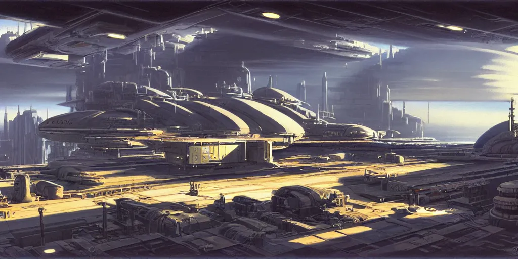 Prompt: highly detailed matte painting science fiction cargo bay, ships, hangar, pipes, industrial by syd mead and john berkley, john harris. concept art, environment art