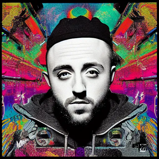 Prompt: a Vinyl cover for an album by rapper mac miller, creative, colorful