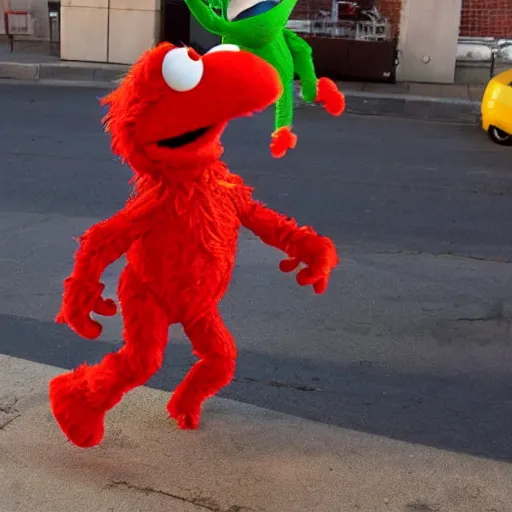 Image similar to elmo has a psychotic break and violently beats kermit to death