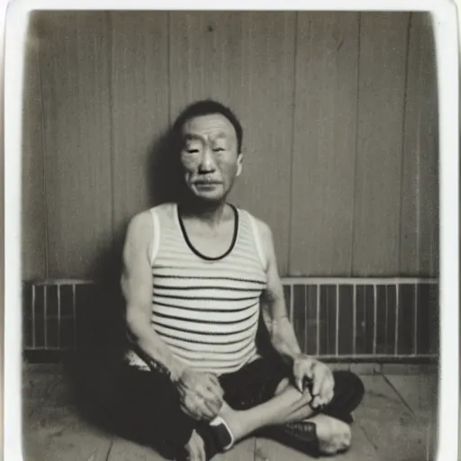 Image similar to a polaroid photo of a disheveled middle - aged chinese man wearing a singlet while smoking, sitting down next to a wall