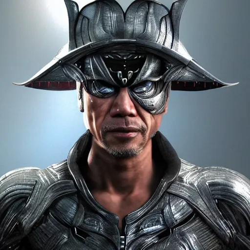 Prompt: hyper realistic, highly detailed hybrid of raiden from mortal kombat, and raiden from metal gear solid wearing an asian conical hat. portrait, stephen bliss, unreal engine, greg rutkowski, beeple global illumination, translucent, sub - surface scattering, detailed and intricate environment