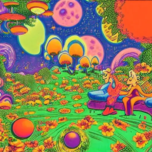 Image similar to psychedelic trippy couch in the lush forest, planets, flowers, mushrooms milky way, sofa, cartoon by carl barks