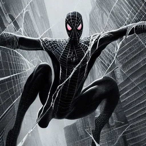 Image similar to moody atmospheric render of a white and black spiderman by leon tukker