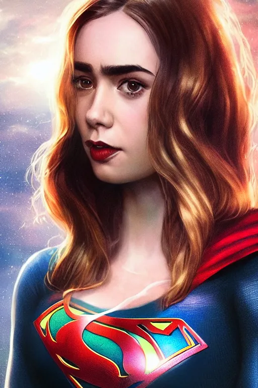 Image similar to a potrait of Lily Collins as Supergirl with man of steel suit style by Greg Rutkowski, Sung Choi, Mitchell Mohrhauser, Maciej Kuciara, Johnson Ting, Maxim Verehin, Peter Konig, 8k photorealistic, cinematic lighting, HD, high details, dramatic, trending on artstation, full body shot