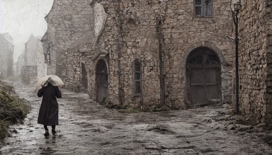 Prompt: Old lady walking in an empty abandoned medieval village at rainy day, muddy road, grey sky, damaged wooden houses, hyperdetailed, artstation, cgsociety, 8k