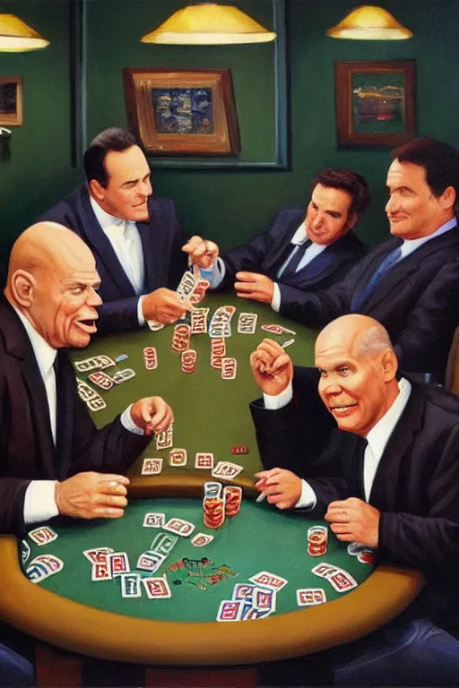 Prompt: don rickles and norm macdonald and johnny carson and bob saget are playing poker in a smokey old pub, oil painting by wilson mclean, sharp focus, masterpiece, highly detailed