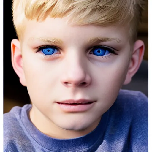 Image similar to a photo of a boy with blonde hair and blue eyes, extremely photorealistic and real eyes, detailed facial structure