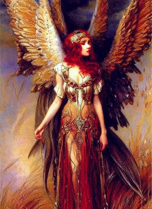 Image similar to vertical prtrait of an angel knight gothic girl, baroque dress. by gaston bussiere