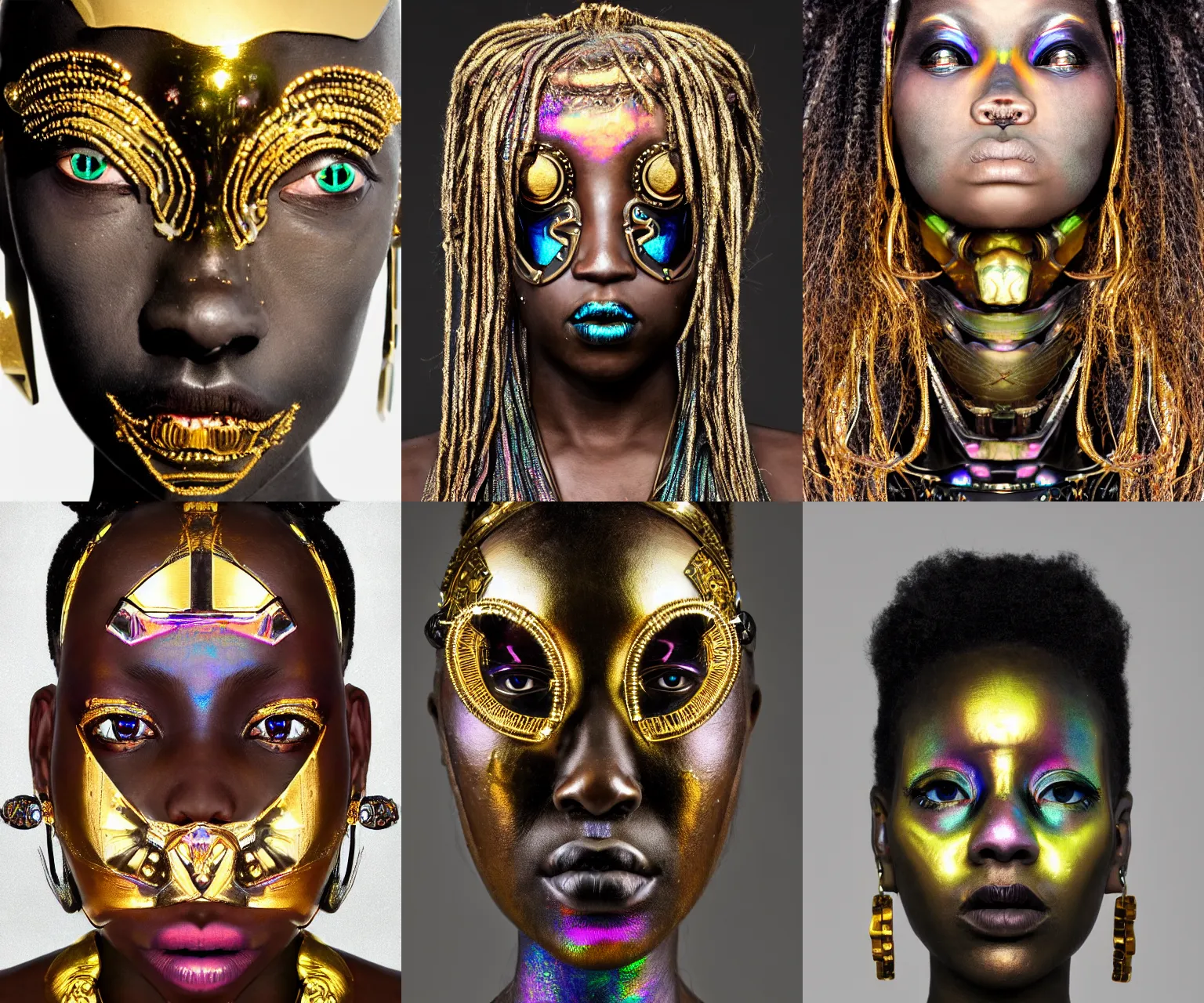 Prompt: portrait of iridescent onyx and gold angry futuristic cyborg galactic himba young fat empress, organic cyborg, intricate, ornate, future baroque, luminous prosthetic eyes