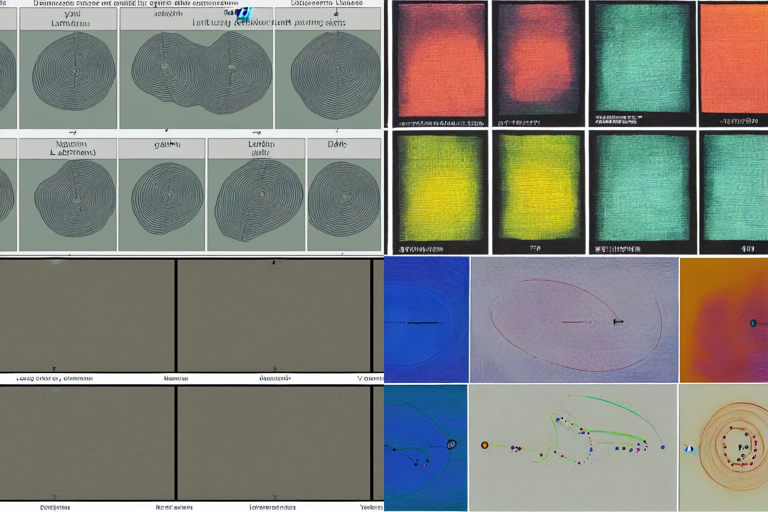 Prompt: The effect of guidance on a mixture of three Gaussians, each mixture component representing data conditioned on a class. The leftmost plot is the non-guided marginal density. Left to right are densities of mixtures of normalized guided conditionals with increasing guidance strength, painting by Chiho Aoshima, Yoshitomo Nara and Aya Takano