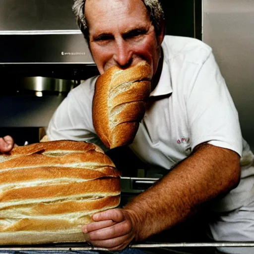 Prompt: closeup portrait baker constricted by a baguette as he tries to fight it back into the oven, by Steve McCurry and David Lazar, natural light, detailed face, CANON Eos C300, ƒ1.8, 35mm, 8K, medium-format print