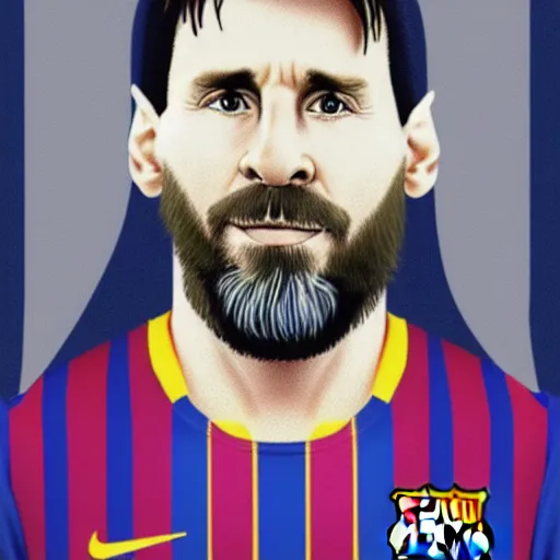 Image similar to Close-up portrait of Lionel Messi, long silver hair with a long beard, big nose, wearing a barca cape, katsuhiro tomo, pixel art