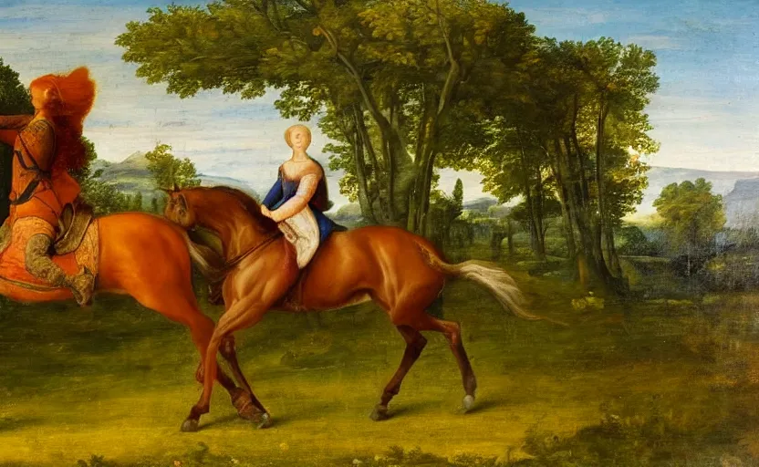 Image similar to a renaissance oil painting of a horse riding on a horse in a green meadow