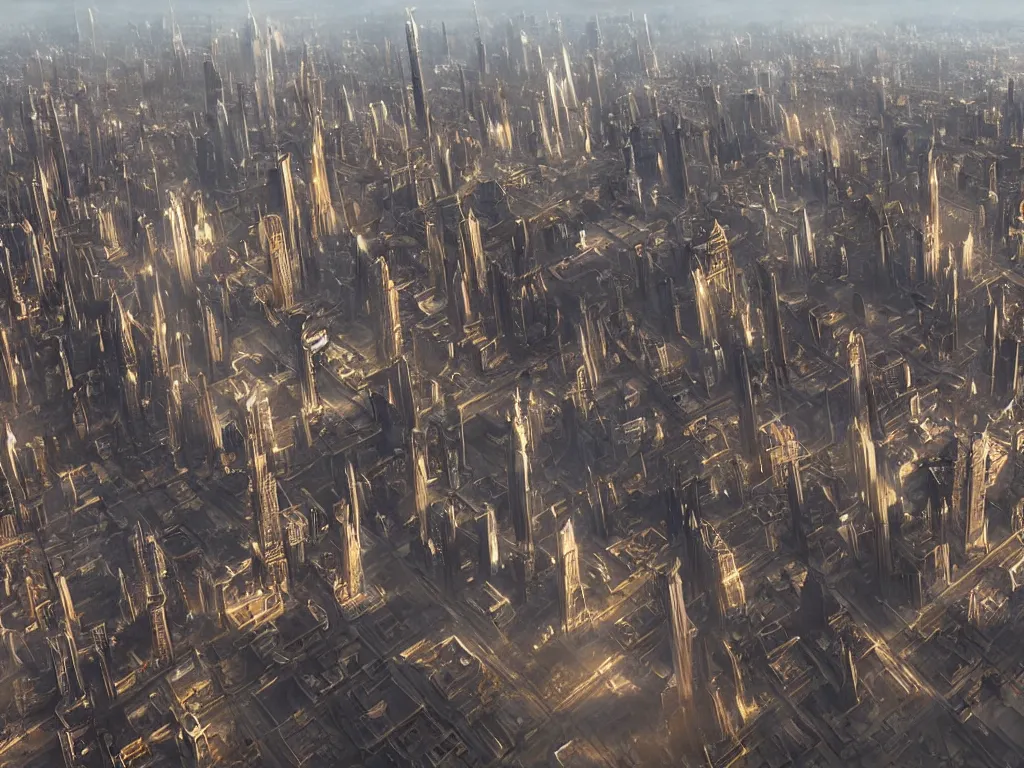 Image similar to big empty city with six extremely tall spiking towers, by artgerm and greg rutkowski and alphonse mucha, global illumination, hyperrealistic, volumetric lighting, epic cinematic shot, perfectly defined features, ambient occlusion