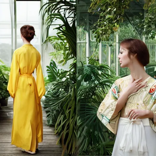 Image similar to head to shoulder film still of an elegant top model wearing a yellow kimono with a very detailed barn owl on her shoulder!!! in a tropical greenhouse. looking at the camera!!. super resolution. 85 mm f1.8 lens.bokeh. graflex. art by Alessio albi and ashley wood and Edmund Blair Leighton and John Singer Sargent! -