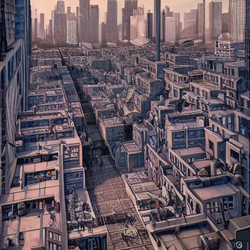 Image similar to A hyper real comic book style portait painting of downtown los angeles in the style of MC Escher, Maurits Cornelius Escher, unreal 5, hyperrealistic, octane render, cosplay, RPG portrait, dynamic lighting