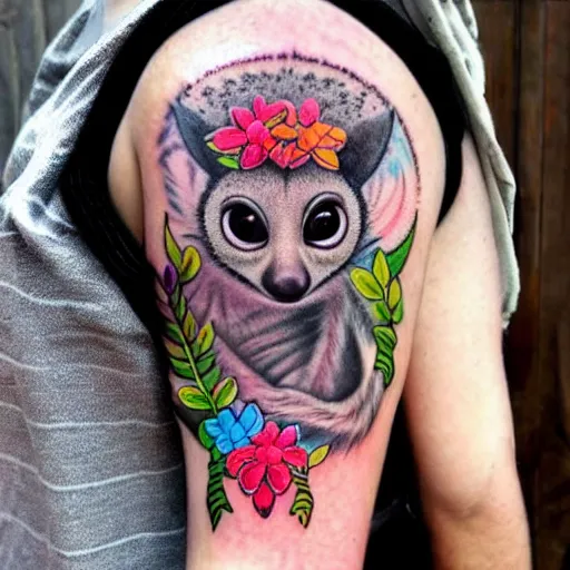 Image similar to shoulder tattoo of a multicolored trippy furry bushbaby with rainbow colored spiral eyes, surrounded with colorful shrooms and flowers, insanely integrate