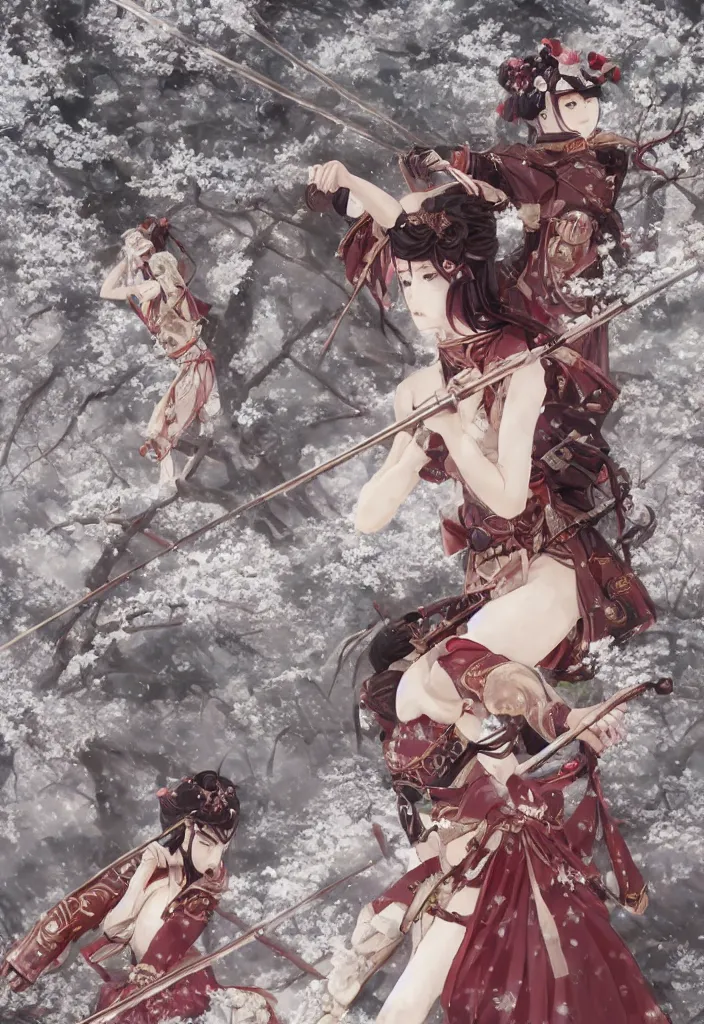 Image similar to fighting scene from a far of steampunk girl samurai with swords and tachi and bow and arrow and armor and rifle and cross bow combat pose in snow forest sakura cherry blossom swan hakama kimono trending on artstation takato yamamoto krenz cushart