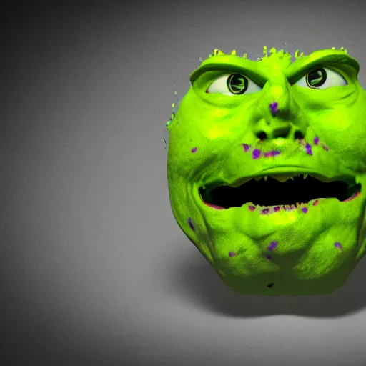 Image similar to a film still from a horror movie featuring a lime monster, scars on his face, 3 d render, blender