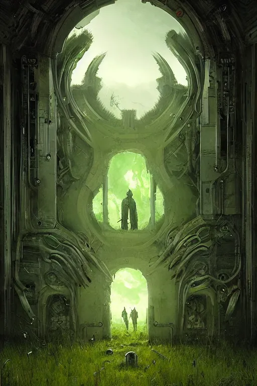 Image similar to portal from hell to a beautiful green meadow by giger, greg rutkowski