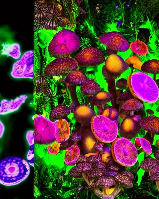 Image similar to uv - induced visible fluorescence in tropical pandora flowers and mushrooms blossom at night, dark background