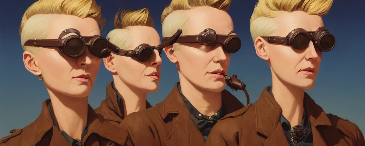 Prompt: stoic heroic emotionless butch blonde woman aviator with short slicked - back hair, wearing dark - lensed victorian goggles, wearing brown leather jacket, moebius, rough paper, behance hd by jesper ejsing, by rhads, makoto shinkai and lois van baarle, ilya kuvshinov, rossdraws global illumination.