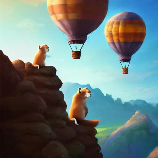 Image similar to a ferret standing on top of a rock in front of a hot air balloon, a digital painting by andrei kolkoutine, deviantart contest winner, fantasy art, storybook illustration, 2 d game art, digital illustration