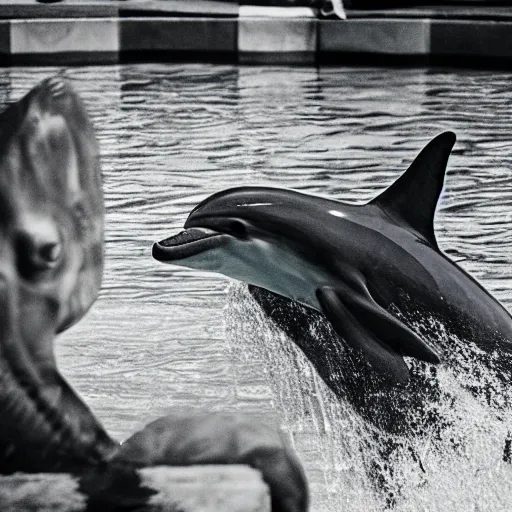 Prompt: chimera of a dolphin and black dragon, realistic zoo pool photography, vignette grainy photograph