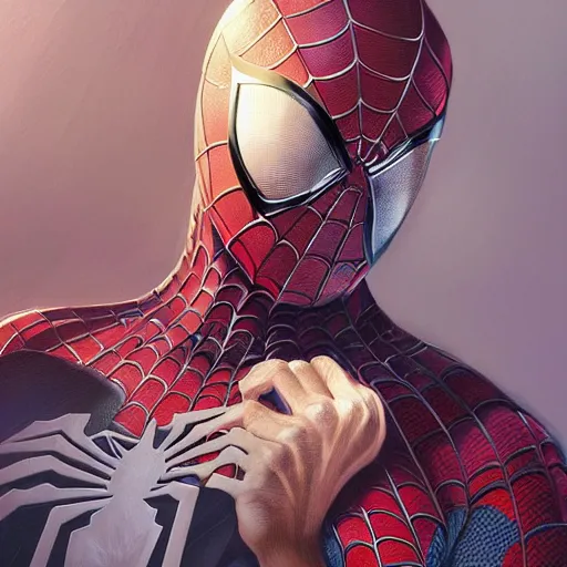 Image similar to Beautiful portrait of spiderman, wide angle, intricate, wild, highly detailed, digital painting, artstation, concept art, smooth, sharp focus, illustration, art by artgerm and greg rutkowski and alphonse mucha - W 768