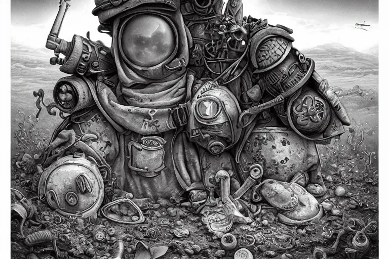 Image similar to a highly detailed forgotten garden gnome wearing goggles and head scarf surviving in a vast barren desert, hopeless wasteland background with a relentless raging sun overhead, post - apocalyptic road warrior vibe, full body, wide angle, an ultrafine detailed painting by joe fenton, trending on deviantart, pop surrealism, whimsical, lowbrow, perfect symmetrical face, sharp focus, octane, masterpiece