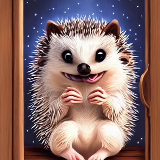 Image similar to cute adorable hedgehog opening the door, shy hedgehog, blushing, waving, smiling, cute, hedgehog, by cyril rolando