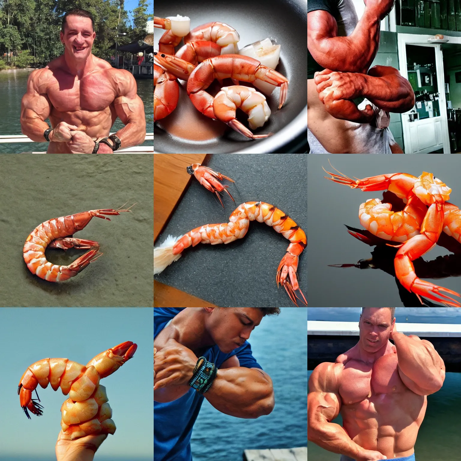 Prompt: a shrimp flexing. big biceps.