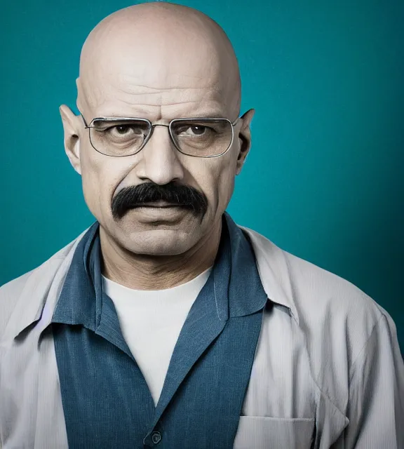 Image similar to Indian Walter white, portrait photo, smirk, mysterious , 85mm, teal studio backdrop, Getty images