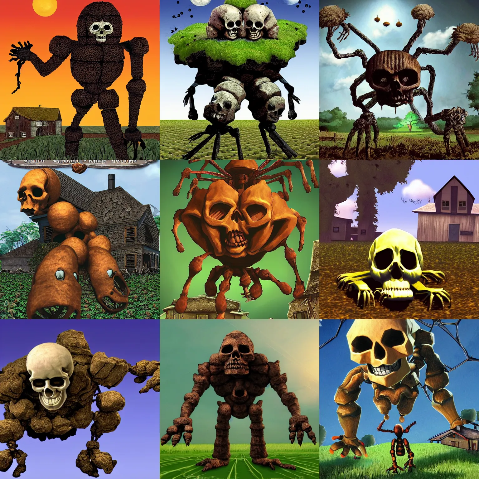 Prompt: skull spider golem, hovering over a farm house, playstation 2 boxart