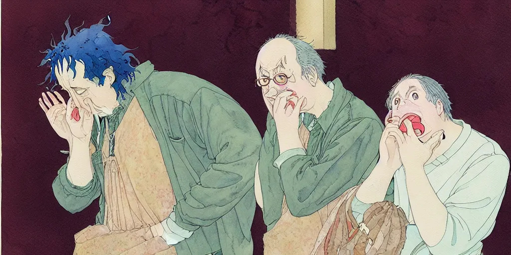 Image similar to a hyperrealist studio ghibli watercolor fantasy concept art of todd solondz crying. by rebecca guay, michael kaluta, charles vess