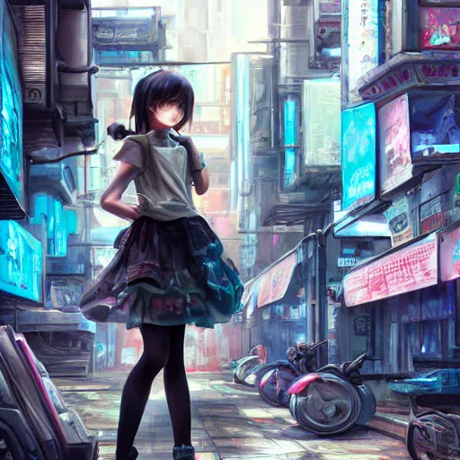 Image similar to dynamic composition, motion, ultra-detailed, incredibly detailed, a lot of details, amazing fine details and brush strokes, colorful and grayish palette, smooth, HD semirealistic anime CG concept art digital painting, watercolor oil painting of Clean and detailed post-cyberpunk sci-fi close-up schoolgirl in asian city in style of cytus and deemo, blue flame, relaxing, calm and mysterious vibes,, by a Chinese artist at ArtStation, by Huang Guangjian, Fenghua Zhong, Ruan Jia, Xin Jin and Wei Chang. Realistic artwork of a Chinese videogame, gradients, gentle an harmonic grayish colors. set in half-life 2, Matrix, GITS, Blade Runner, Neotokyo Source, Syndicate(2012), dynamic composition, beautiful with eerie vibes, very inspirational, very stylish, with gradients, surrealistic, dystopia, postapocalyptic vibes, depth of field, mist, rich cinematic atmosphere, perfect digital art, mystical journey in strange world