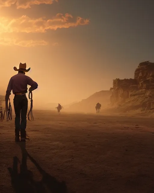 Image similar to an old cowboy walking through the door of a bustling, crowded bar of other people, wild west, sunset lighting, dusty, sunbeams. digital illustration, colors, soft lighting, adventurous, atmospheric lighting, 8K, octane render. By Makoto Shinkai, Stanley Artgerm Lau, WLOP, Rossdraws, James Jean, Andrei Riabovitchev, Marc Simonetti, krenz cushart, Sakimichan, D&D trending on ArtStation, digital art.
