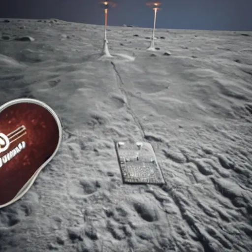 Image similar to a photo of a detailed, realistic, idle, regular sized electric guitar next to a beer can on the moon surface. detailed photo. realistic photo