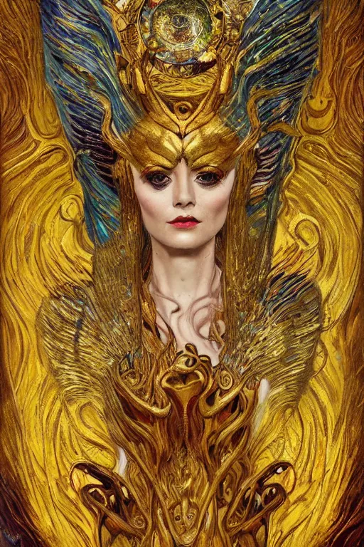 Prompt: Intermittent Chance of Chaos Muse by Karol Bak, Jean Deville, Gustav Klimt, and Vincent Van Gogh, trickster, enigma, Loki's Pet Project, destiny, Poe's Angel, fate, Surreality, inspiration, muse, otherworldly, fractal structures, arcane, ornate gilded medieval icon, third eye, spirals