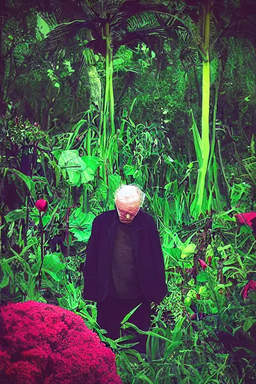 Image similar to “Old man in a garden full of big strange colorful plants. Photo in style of Matt Mahurin. Dark. Cinematic lighting. Photorealistic. Artstation.”