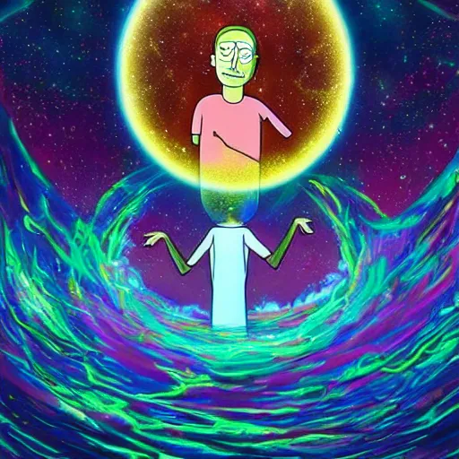 Image similar to Daniel the prophet dreaming of divine magical reflections of knowledge encoded in time and space ultra high quality surrealism style of Rick and Morty