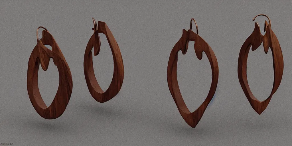 Image similar to earring design, jewelry design, wood, nordic, material, product design, trending on artstation, cgsociety, photo realistic, design by ziva cph and isabel lennse and lulu copenhagen, 8 k, unreal engine, c 4 d