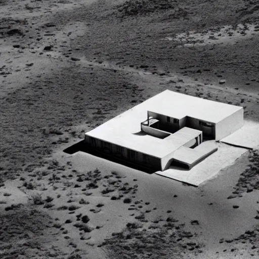 Image similar to A house designed by Miles Van Der Rohe in the middle of the sahara desert. Aerial View. Film Grain, Full color.