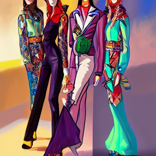 Image similar to 1970 cyberverse fashion, gucci catwalk, oil painting, digital art, ultradetailed, artstation