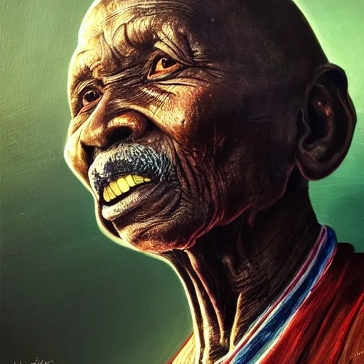 Image similar to a painting of a wise elder from Kenya. dramatic angle, ethereal lights, details, smooth, sharp focus, illustration, realistic, cinematic, artstation, award winning, rgb , unreal engine, octane render, cinematic light, macro, depth of field, blur, red light and clouds from the back, highly detailed epic cinematic concept art CG render made in Maya, Blender and Photoshop, octane render, excellent composition, dynamic dramatic cinematic lighting, aesthetic, very inspirational, arthouse.