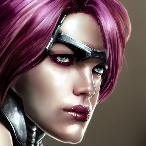 Image similar to extreme close up portrait, pale woman with flowing purple hair in rusty sci - fi power armor, high detail, eyepatch, covered eye, black and red background, stoic, elegant, muscles, powerful, commanding, by stjepan sejic, sunstone, dc comic, marvel comic