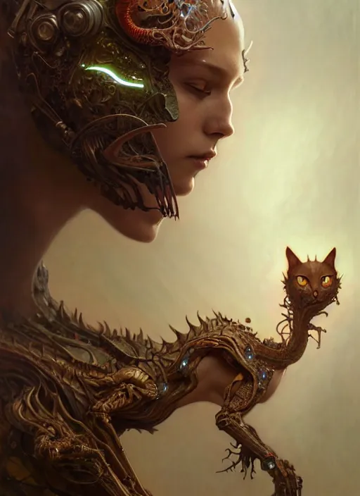 Prompt: organic cyborg, dragon cat, diffuse lighting, fantasy, intricate, elegant, highly detailed, lifelike, photorealistic, digital painting, artstation, illustration, concept art, smooth, sharp focus, art by John Collier and Albert Aublet and Krenz Cushart and Artem Demura and Alphonse Mucha