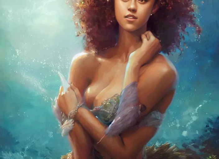 Prompt: A portrait of Nathalie Emmanuel as a mermaid by Ruan Jia and Mandy Jurgens and Artgerm and william-adolphe bouguerea, highly detailed, trending on artstation, award winning