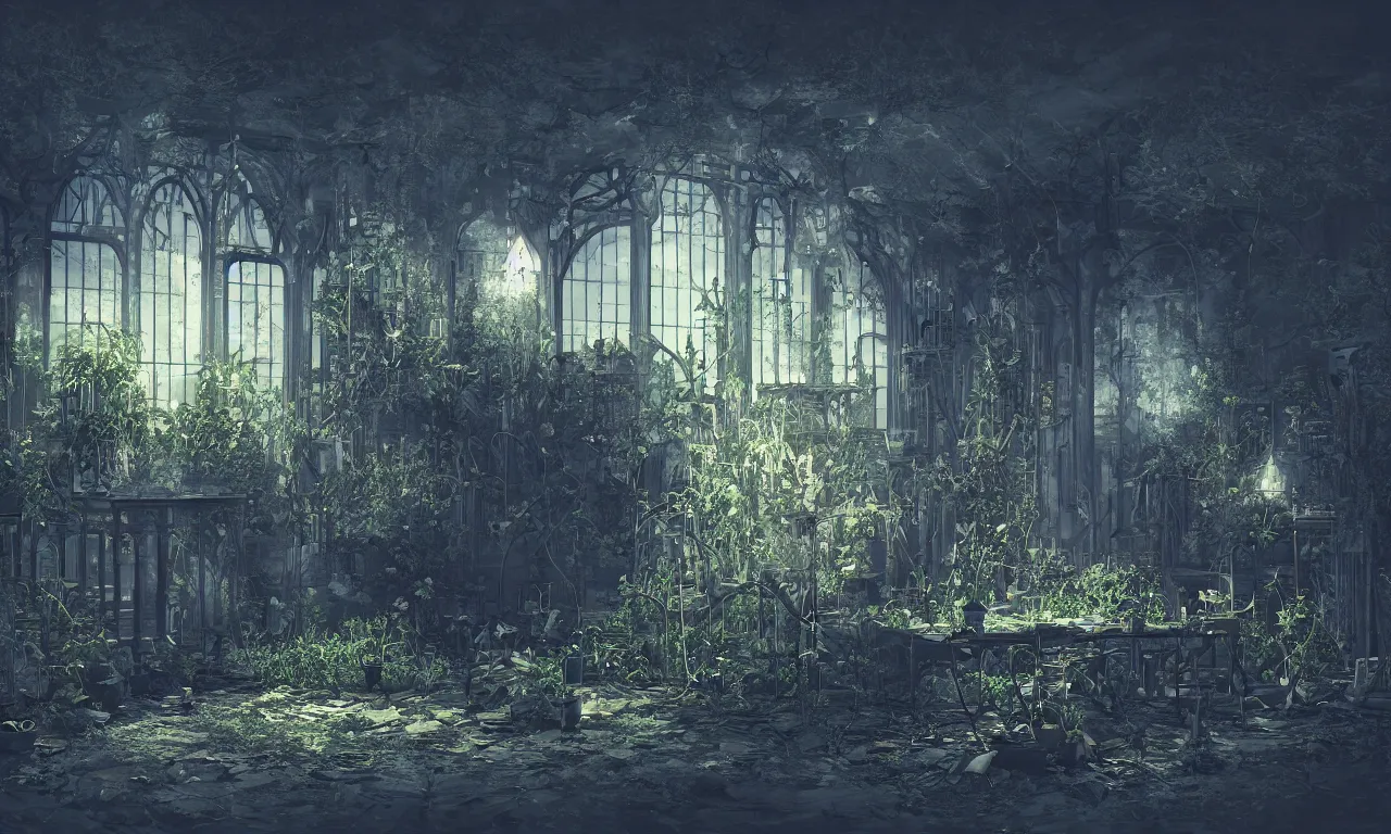 Prompt: dark broken gothic greenhouse with dead plants at night time, table in the center, artstation, wallpaper, dark blue volumetric light.